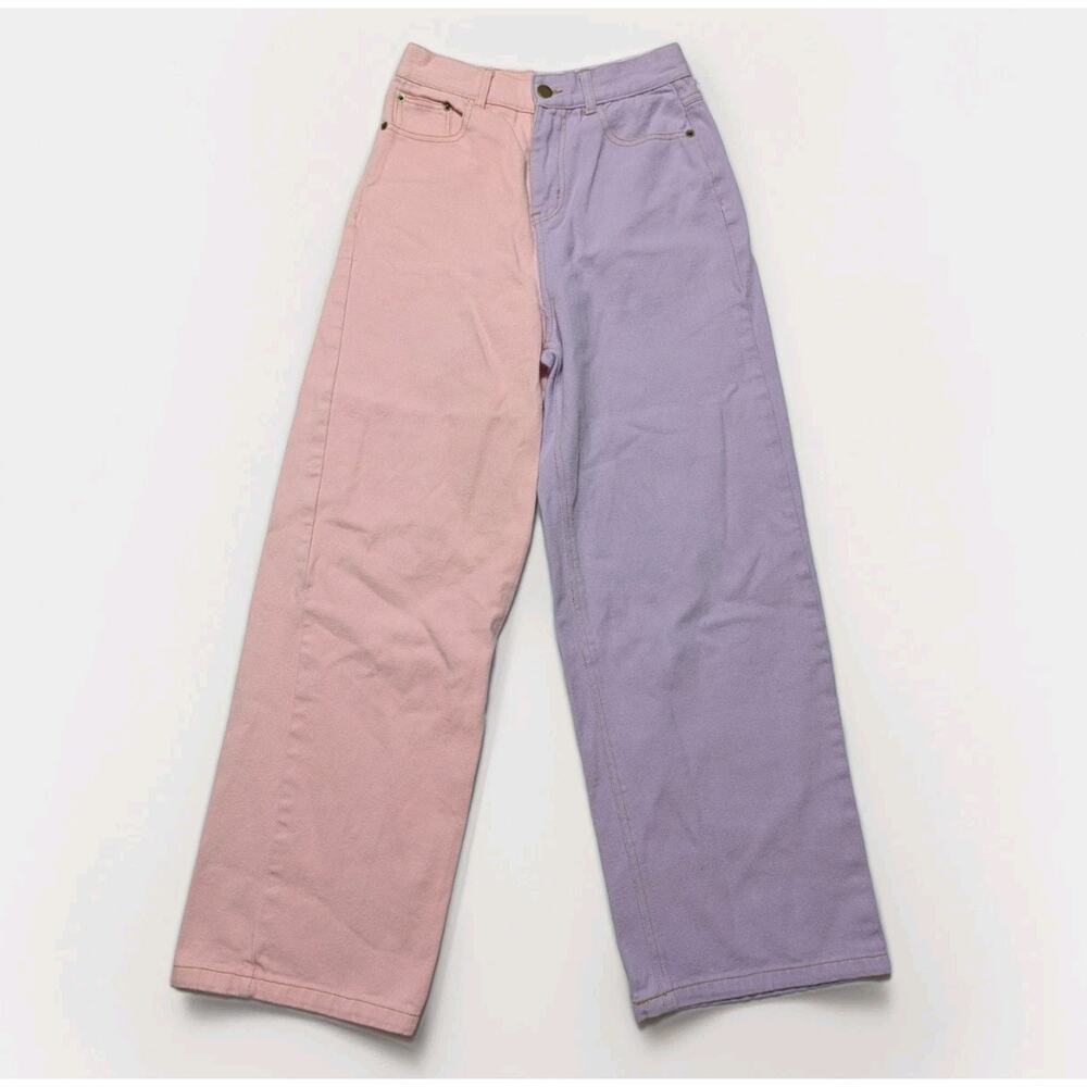 Shekou Two Tone Split Pink Purple High Rise Denim Jeans KPop Wide Leg Size S 24